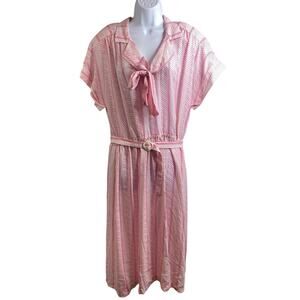 Vintage IFI Pink White Striped Tie Neck Belted Midi Dress Size 18 Secretay